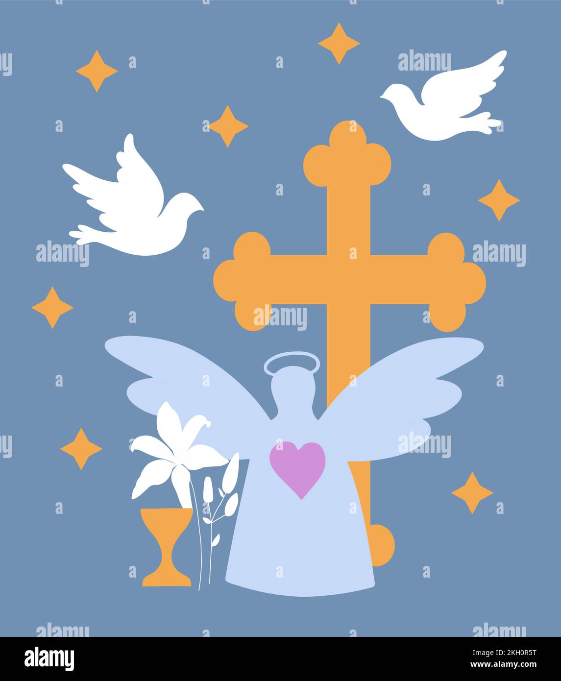 Christian symbols composition. The Cross, dove, rainbow, lily flower