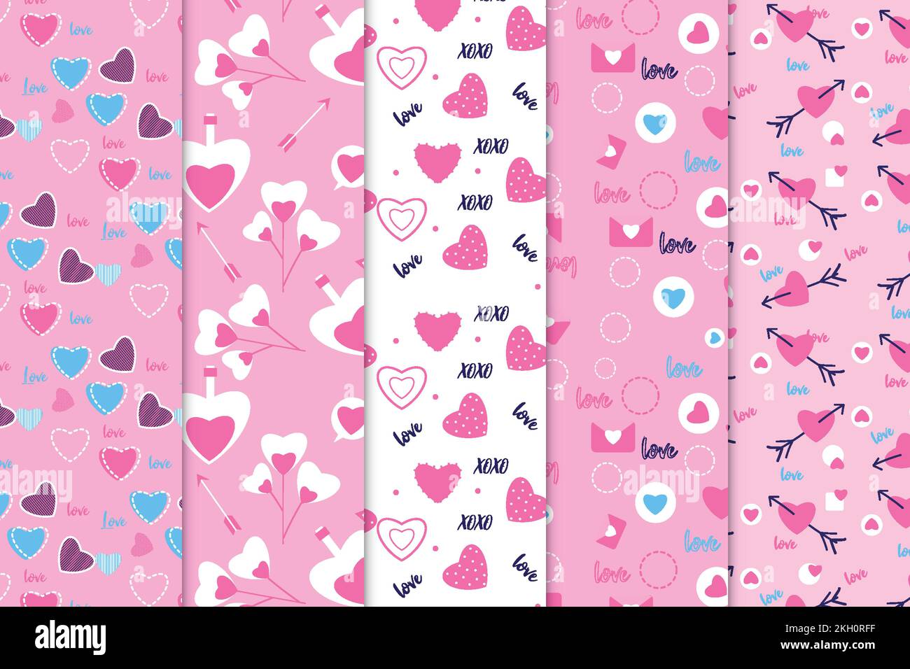 Colorful love pattern bundle with cute love elements vector. Romantic seamless pattern collection with pink backgrounds. Abstract pattern set design f Stock Vector