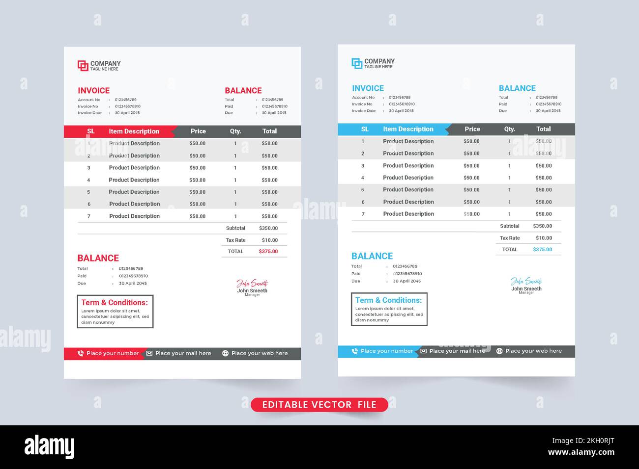 Simple minimalist invoice design with red and blue color Business
