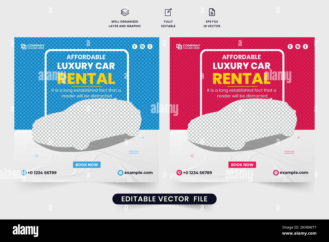 Luxury car rental social media post vector with blue and red colors