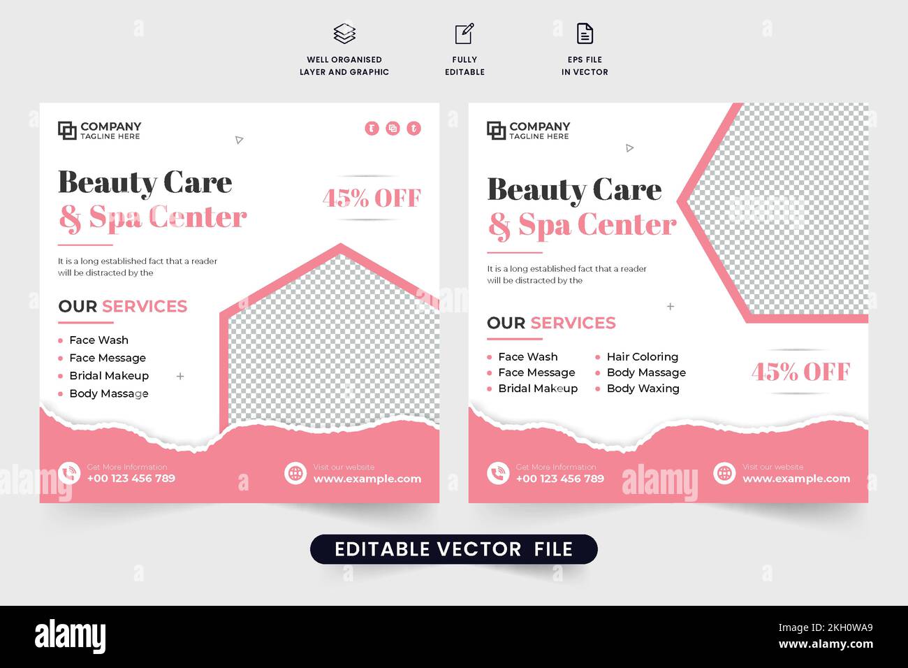 Modern spa center social media promotion template vector with pink and dark colors. Beauty care business advertisement poster design with abstract sha Stock Vector