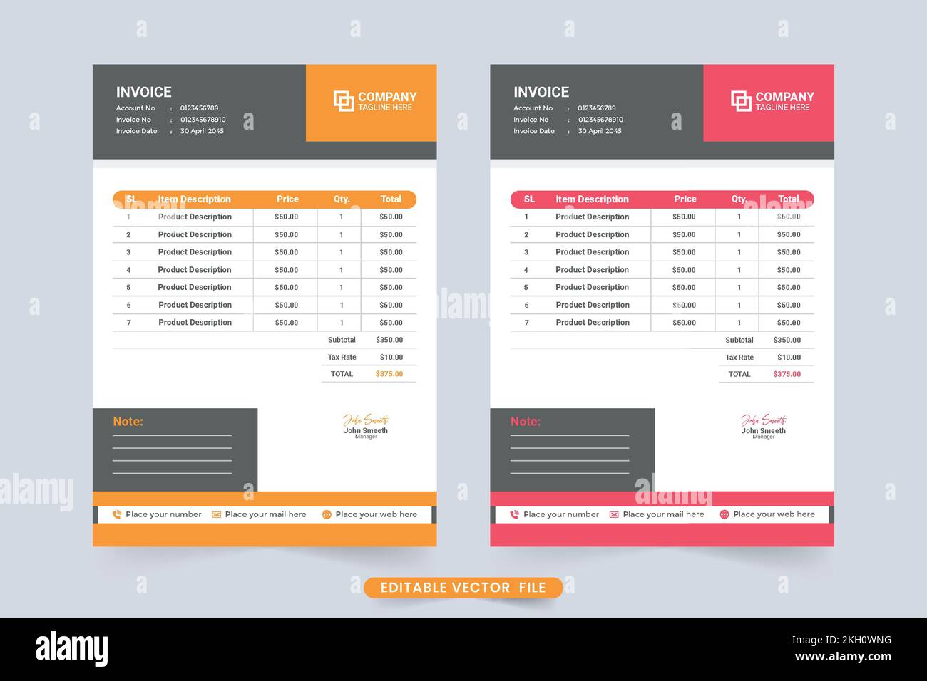 Simple business invoice and payment receipt design with red and orange colors. Professional cash receipt vector with geometric shapes. Print ready pay Stock Vector