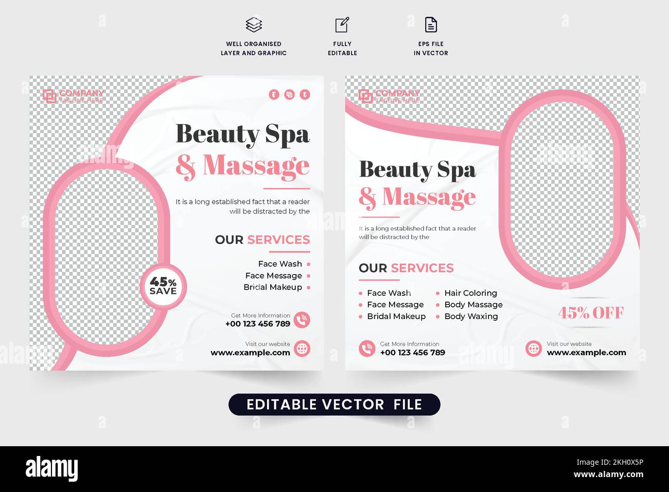 Beauty spa and massage center template for social media promotion. Special skin care salon promotion poster design with photo placeholders. Women body Stock Vector