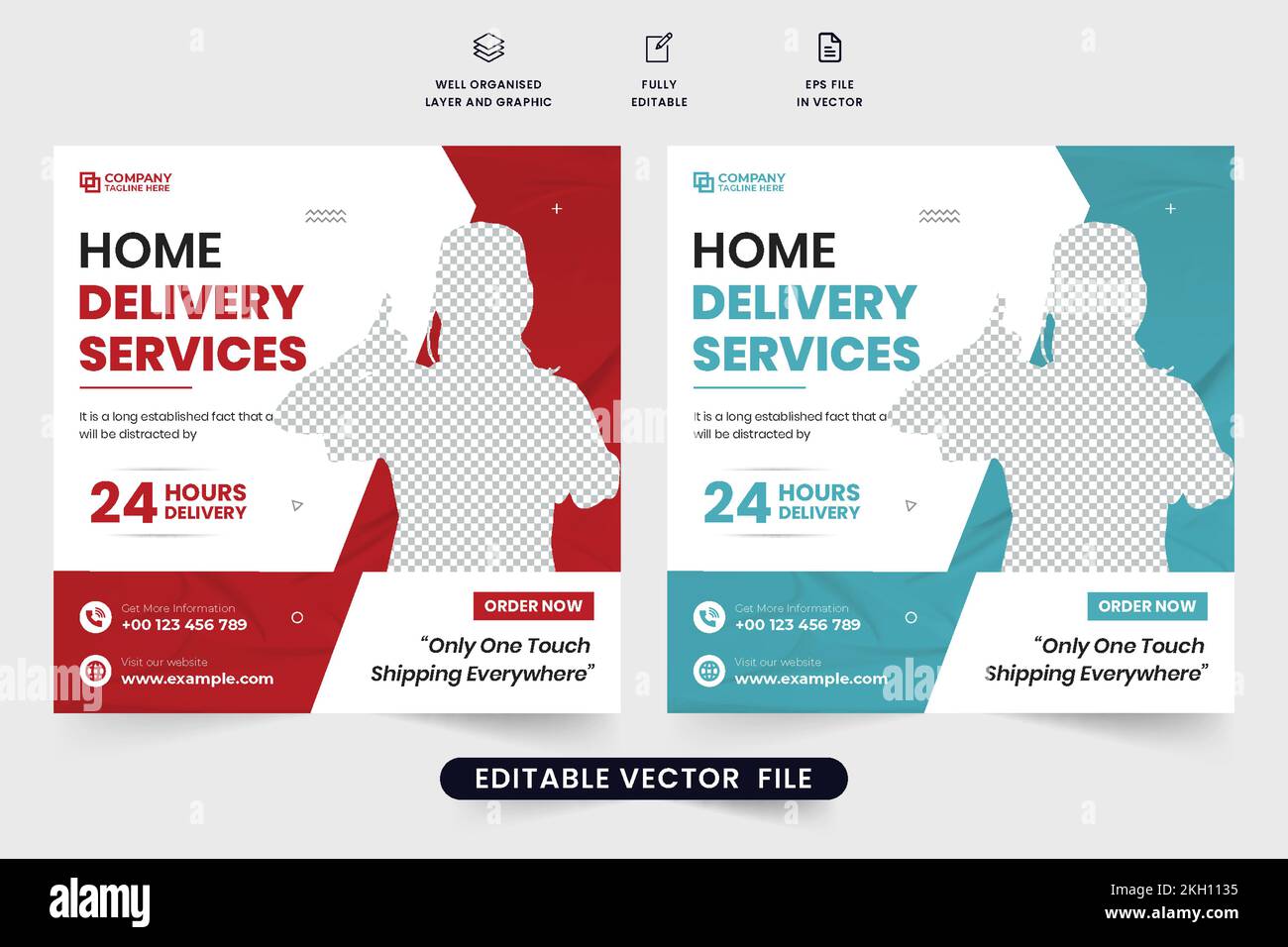 Home delivery service advertising web banner template with red and aqua