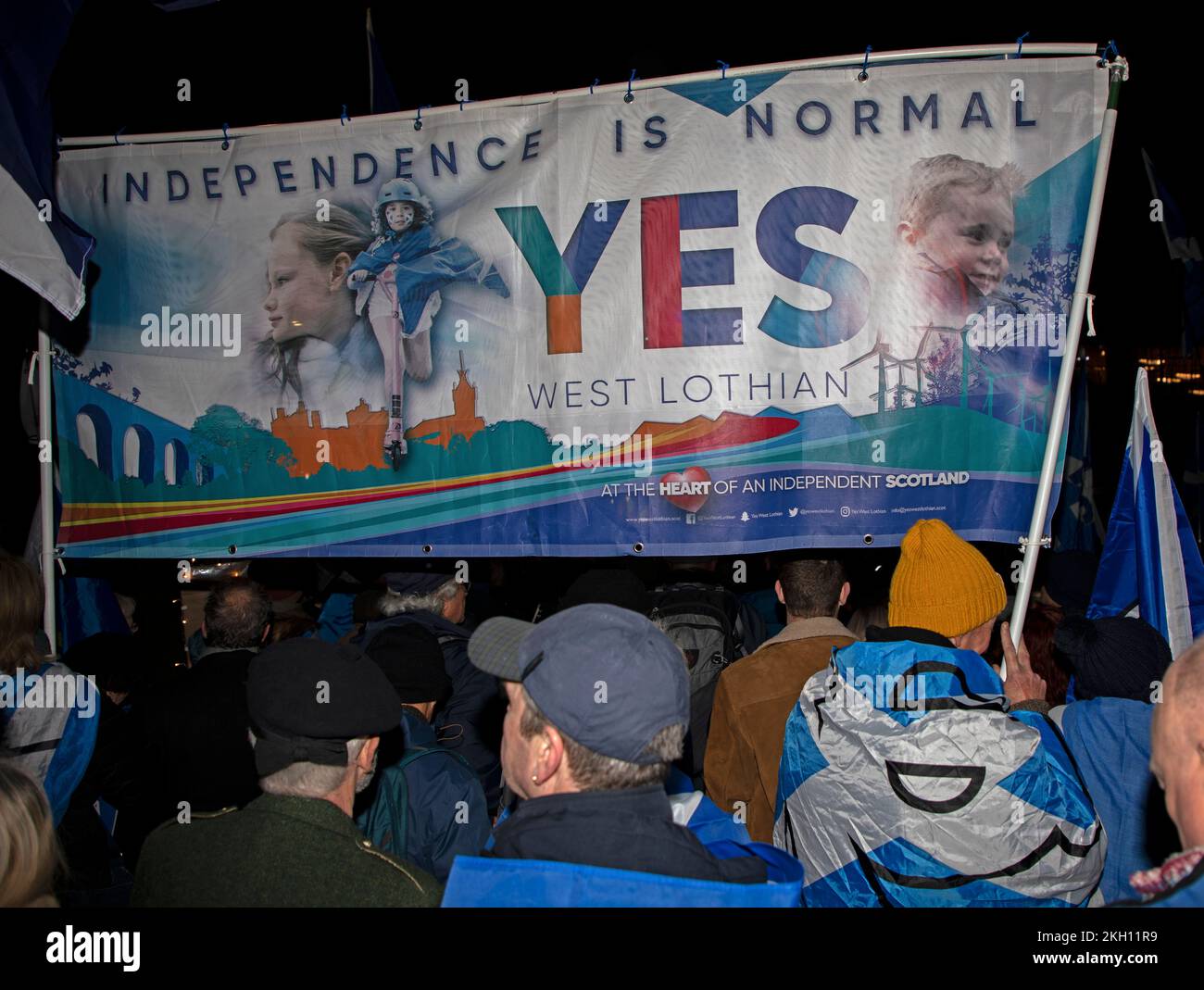 Edinburgh Scotland, UK. 23 November 2022. The Scottish National Party (SNP) heads a pro-independence rally in front of the Scottish Parliament building after the Supreme Court in London  this morning made a ruling against the Scottish Parliament being able to trigger a second independence referendum. Credit: Scottishcreative. Stock Photo