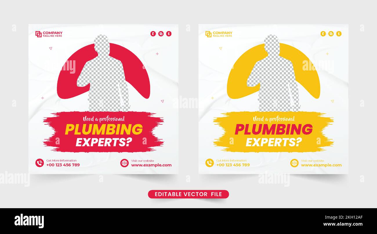 Creative plumber hiring promotional template for social media marketing. Plumbing and handyman service web banner design with abstract shapes. Profess Stock Vector