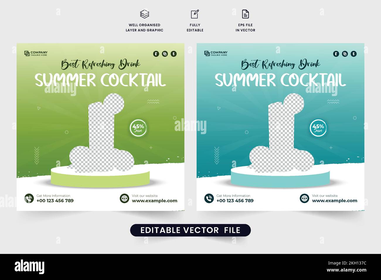 Best cocktail social media post vector with green and blue colors