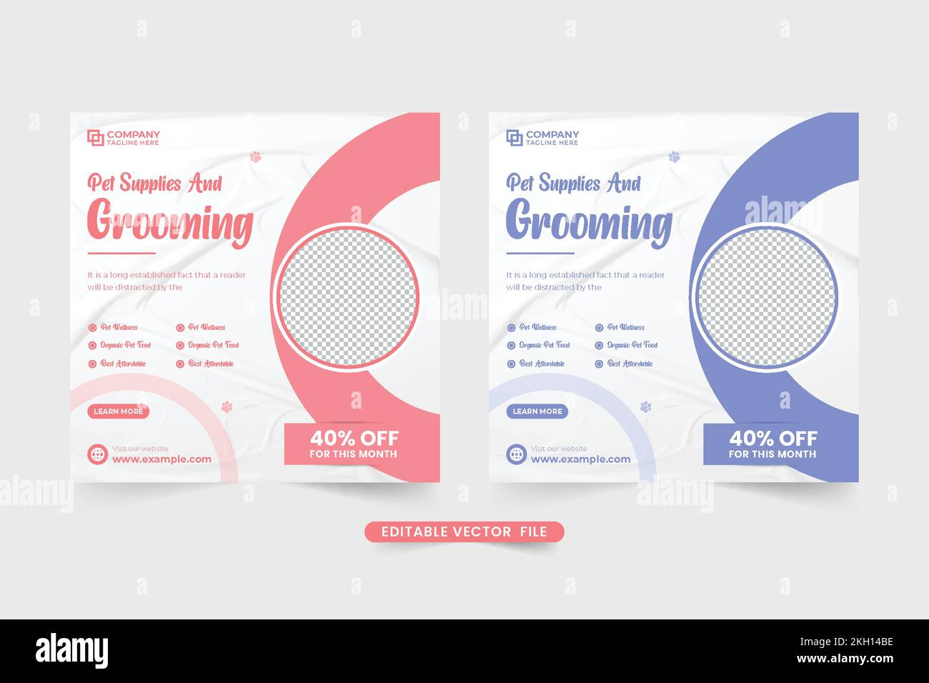 Pet supplies and grooming shop template for social media marketing. Pet care shop advertising web banners with blue and pink colors. Animal veterinary Stock Vector