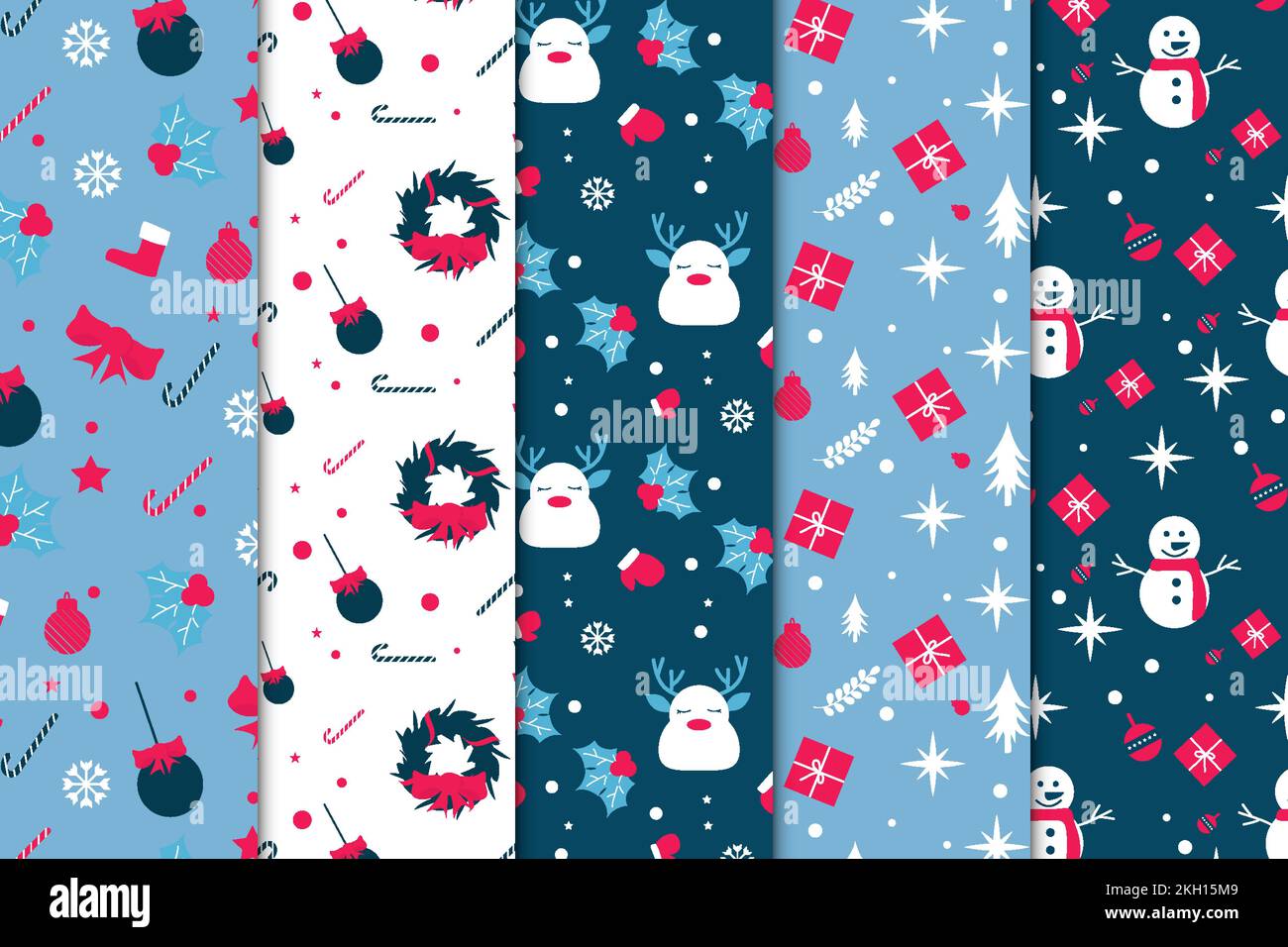 Christmas decoration pattern bundle with blue and white backgrounds. Xmas cute pattern collection for wrapping papers and book covers. Christmas minim Stock Vector