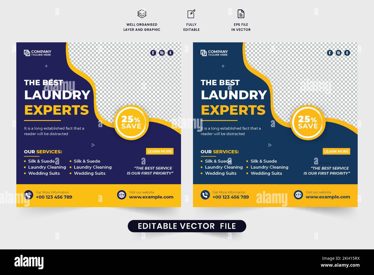 Laundry business promotional web banner design with blue and yellow