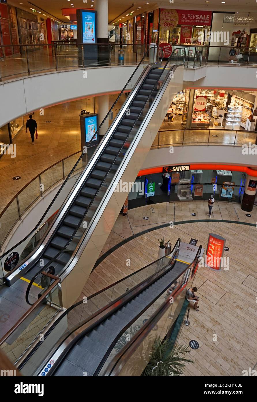 Leverkusen, Germany Aug 17 2020 - The main hall with escalators in the largest shopping center of Leverkusen, the Rathaus-Galerie Leverkusen. Stock Photo