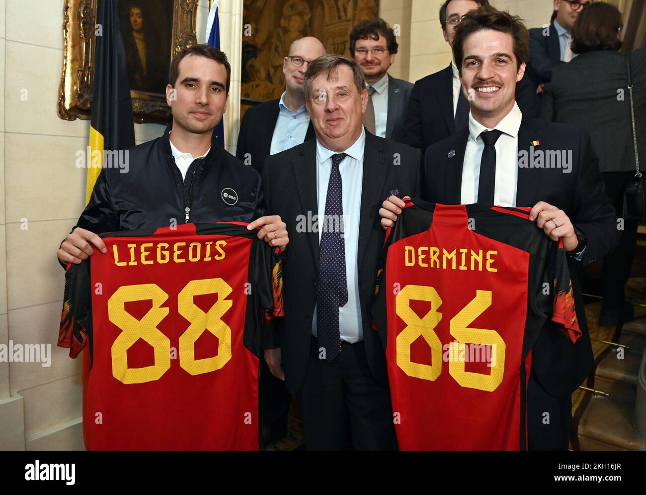 Astronaut trainee Raphael Liegeois, Francois de Kerchove d'Exaerde. Ambassador of Belgium to France and Monaco and State Secretary for scientific policy Thomas Dermine pose for the photographer with a red devils shirt during a reception at the French embassy to Belgium in Paris, after a council of the European Space Agency (ESA) in Paris, Wednesday 23 November 2022. The ESA announces the selection of four to six astronauts. If there were a Belgian among them, State Secretary Dermine says it would be 'an excellent signal for the space sector in Belgium and an incredible stimulus to promote scie Stock Photo
