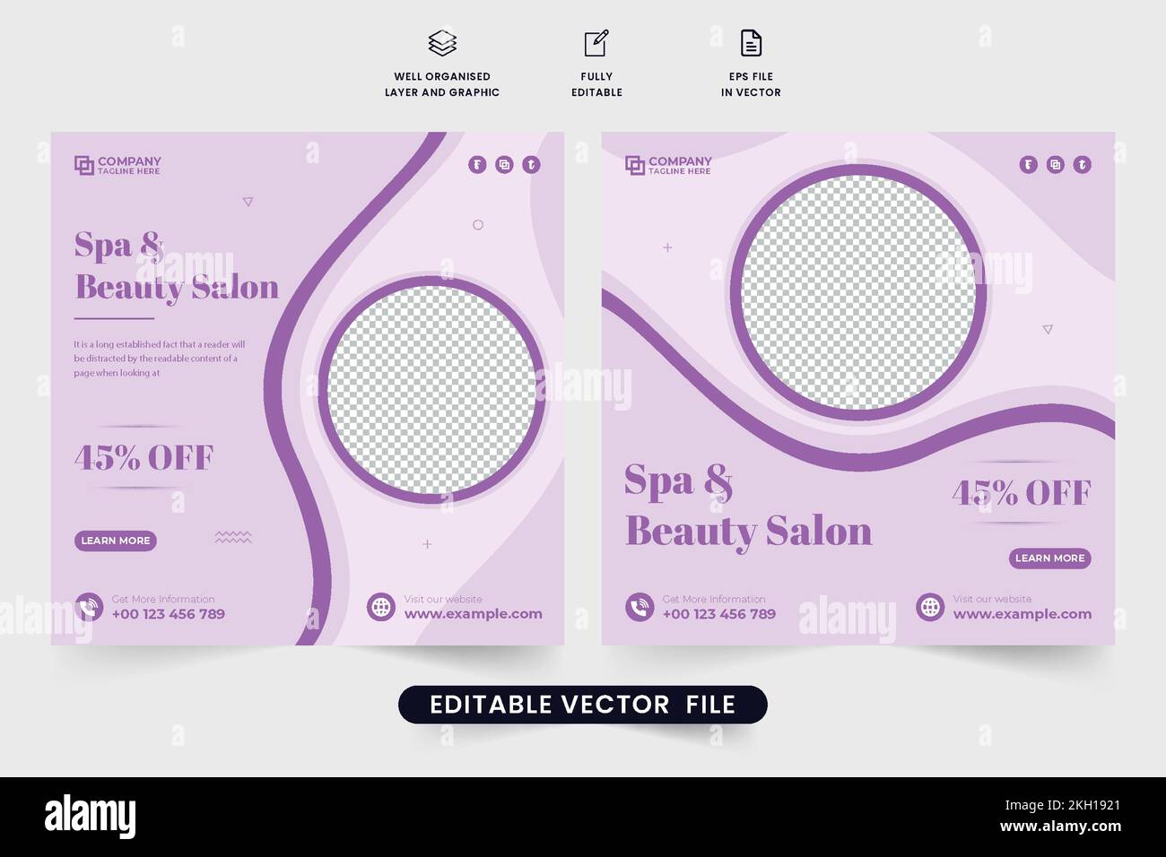 Beauty salon social media post vector with purple colors. Modern spa center advertisement template design with abstract shapes. Beauty and body treatm Stock Vector