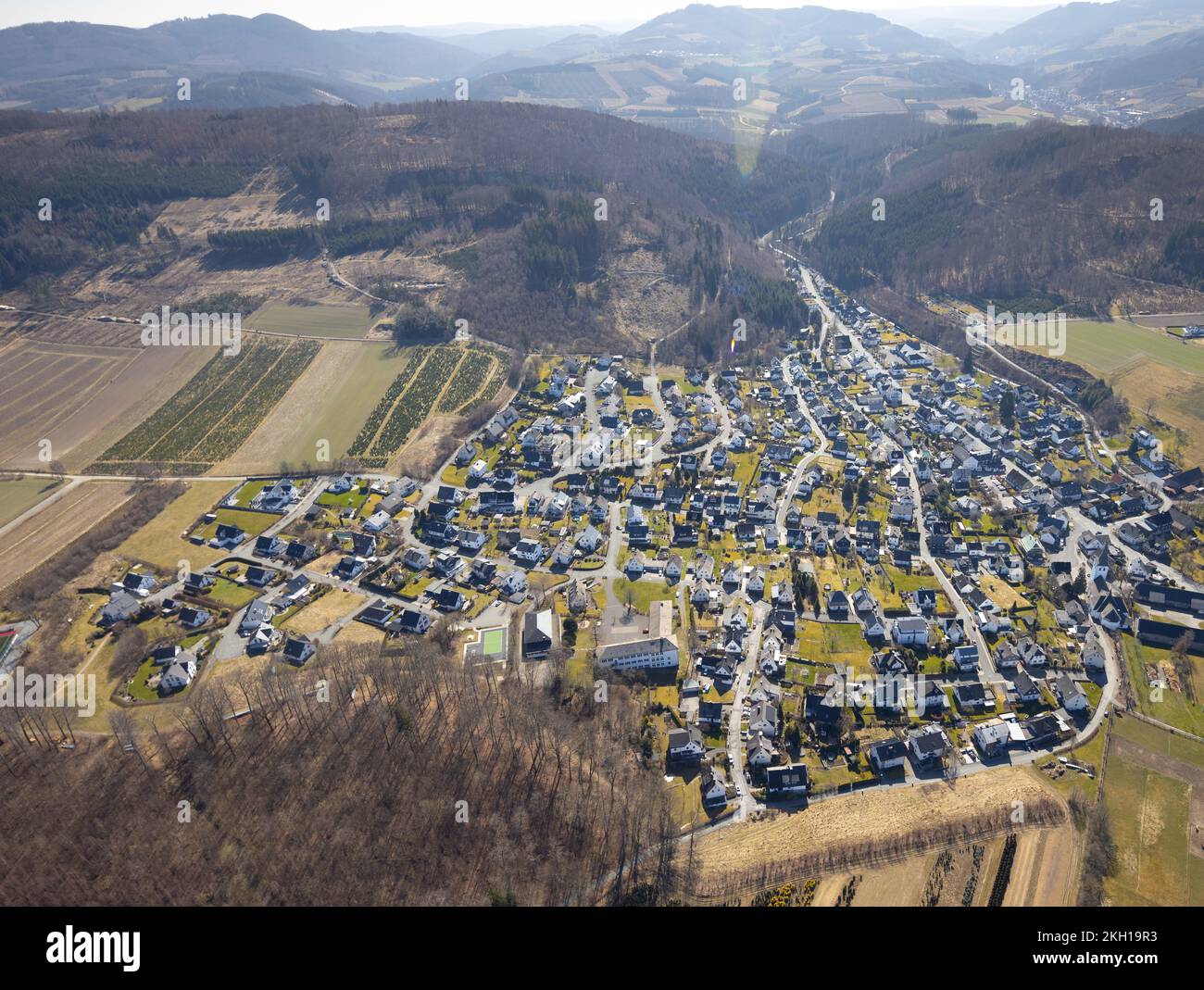Aerial view, district Ostwig in Bestwig, Sauerland, North Rhine-Westphalia, Germany Stock Photo
