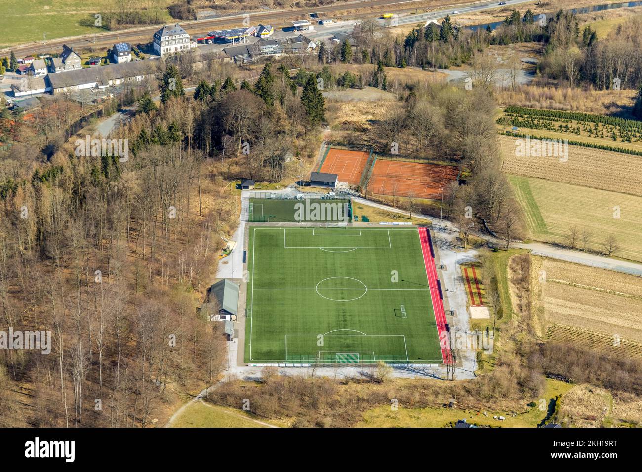 Aerial view, Ostwig sports field and tennis courts in Bestwig, Sauerland, North Rhine-Westphalia, Germany Stock Photo