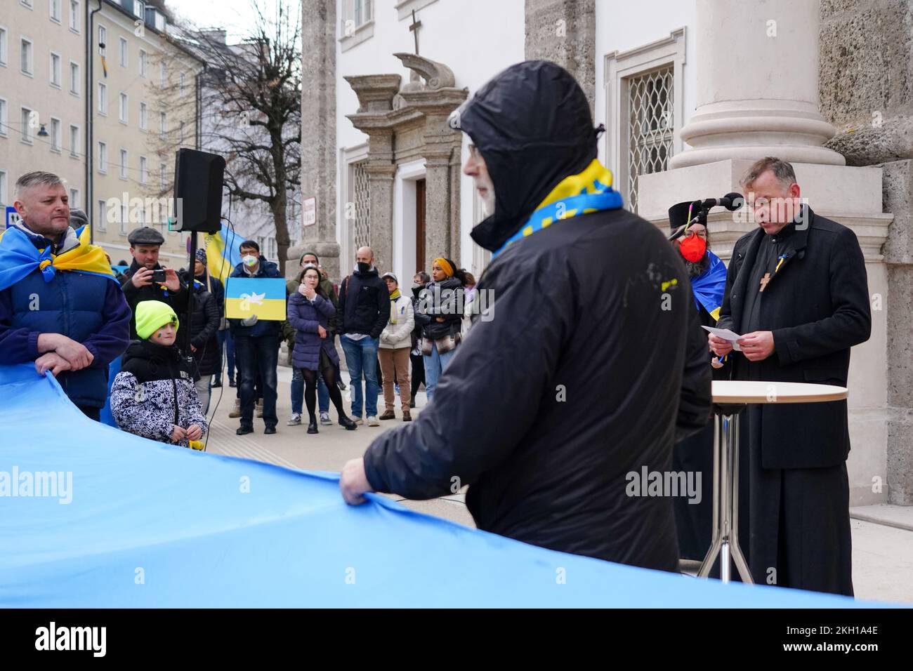 The priest of the Ukrainian Greek Catholic Church in Salzburg Vitaliy Mykytyn at Kajetanerplatz. He gives a touching speech at the closing rally. Stock Photo