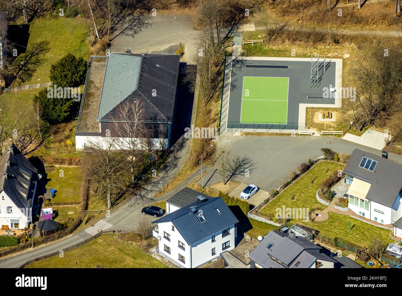 Aerial view, gym and playground at Anne Frank School, Ostwig, Bestwig, Sauerland, North Rhine-Westphalia, Germany Stock Photo