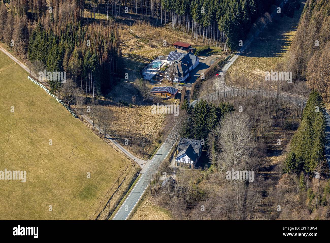 Aerial view, Old forester's house Am Roh, state road L776 in Nuttlar, Bestwig, Sauerland, North Rhine-Westphalia, Germany Stock Photo