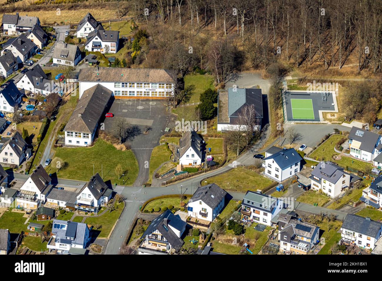 Aerial view, Anne Frank School with gym and playground, Ostwig, Bestwig, Sauerland, North Rhine-Westphalia, Germany Stock Photo