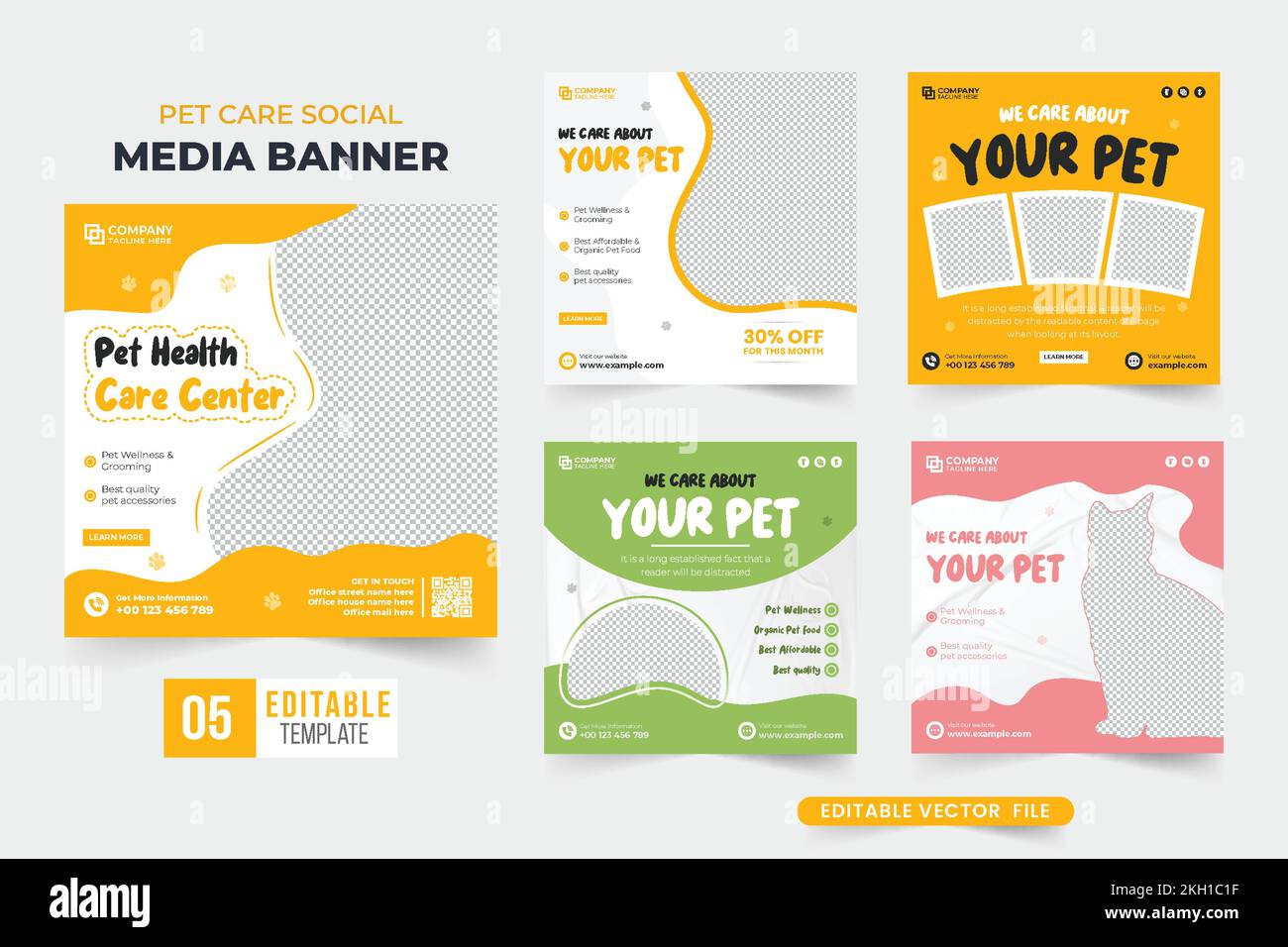 Pet care center social media post collection design with yellow and green colors. Pet veterinary and healthcare promotional web banner bundle. Creativ Stock Vector