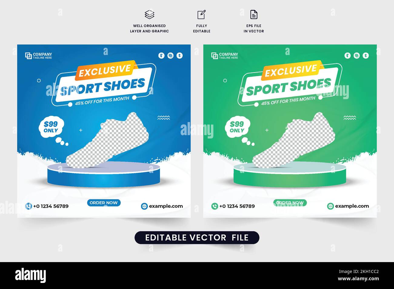 Exclusive sports shoe business template design with blue and green backgrounds. Modern shoe business promotional web banner vector. Sports sneakers sa Stock Vector