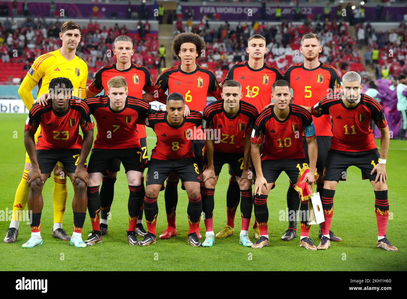 Belgium line up for a team photo prior to the FIFA World Cup Group F match at the Ahmad bin Ali Stadium, Al Rayyan. Picture date: Wednesday November 23, 2022. Stock Photo
