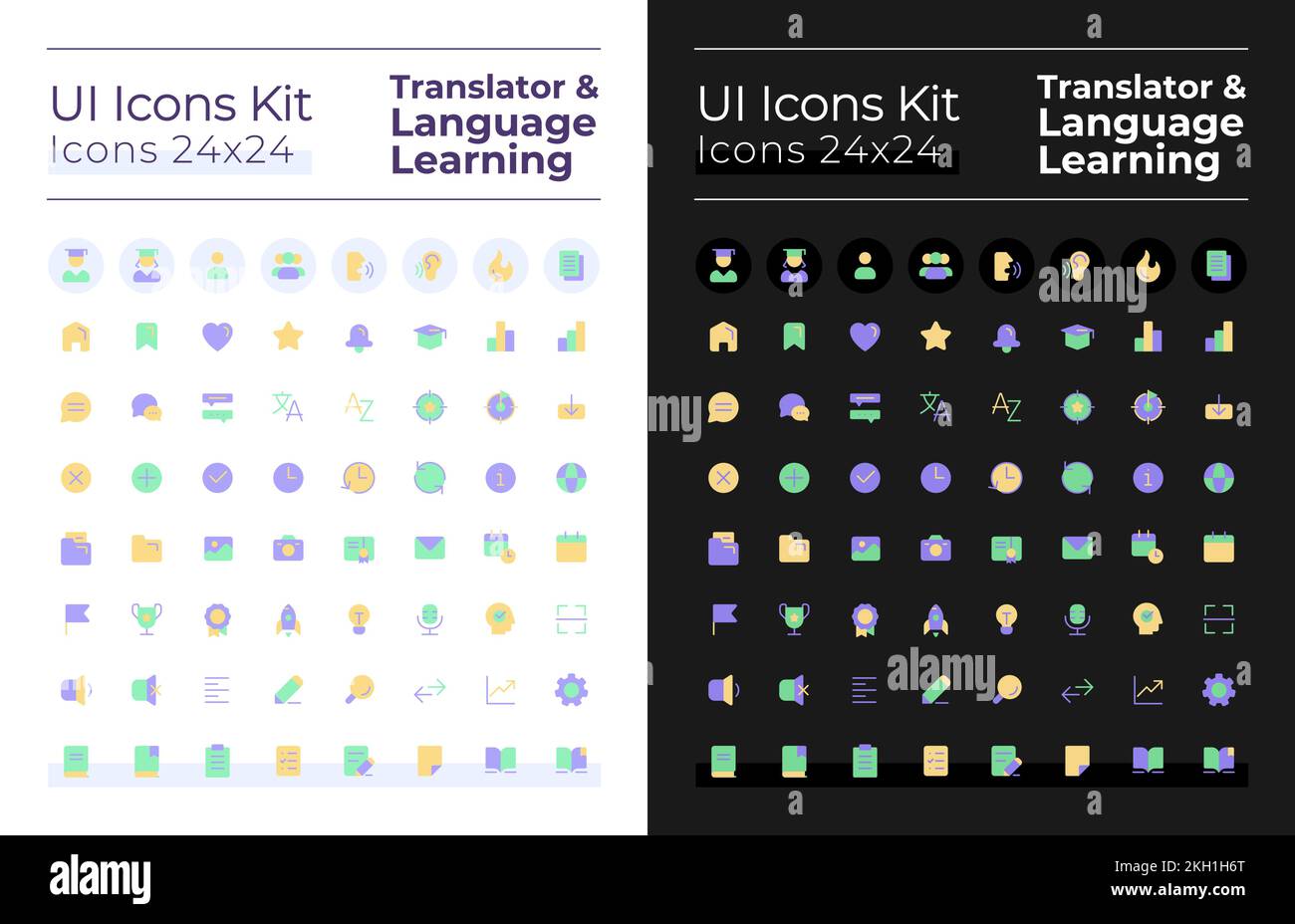 Translator and language learning flat color ui icons set for dark, light mode Stock Vector