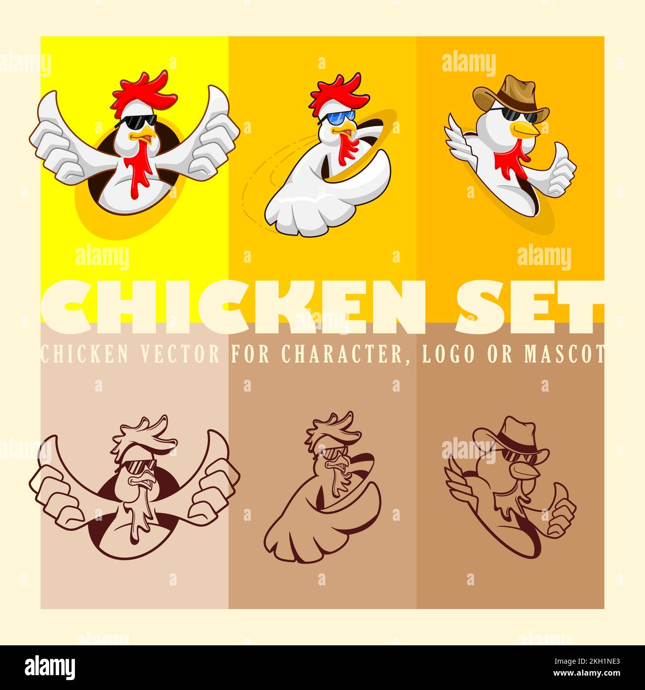 An editable vector set of chickens showing thumbs up in different poses ...