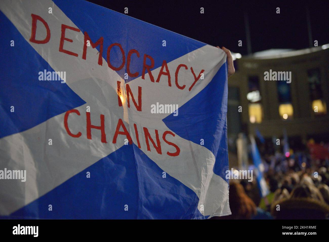 Democracy in Chains written on a Scottish Saltirw flag+ Stock Photo Alamy