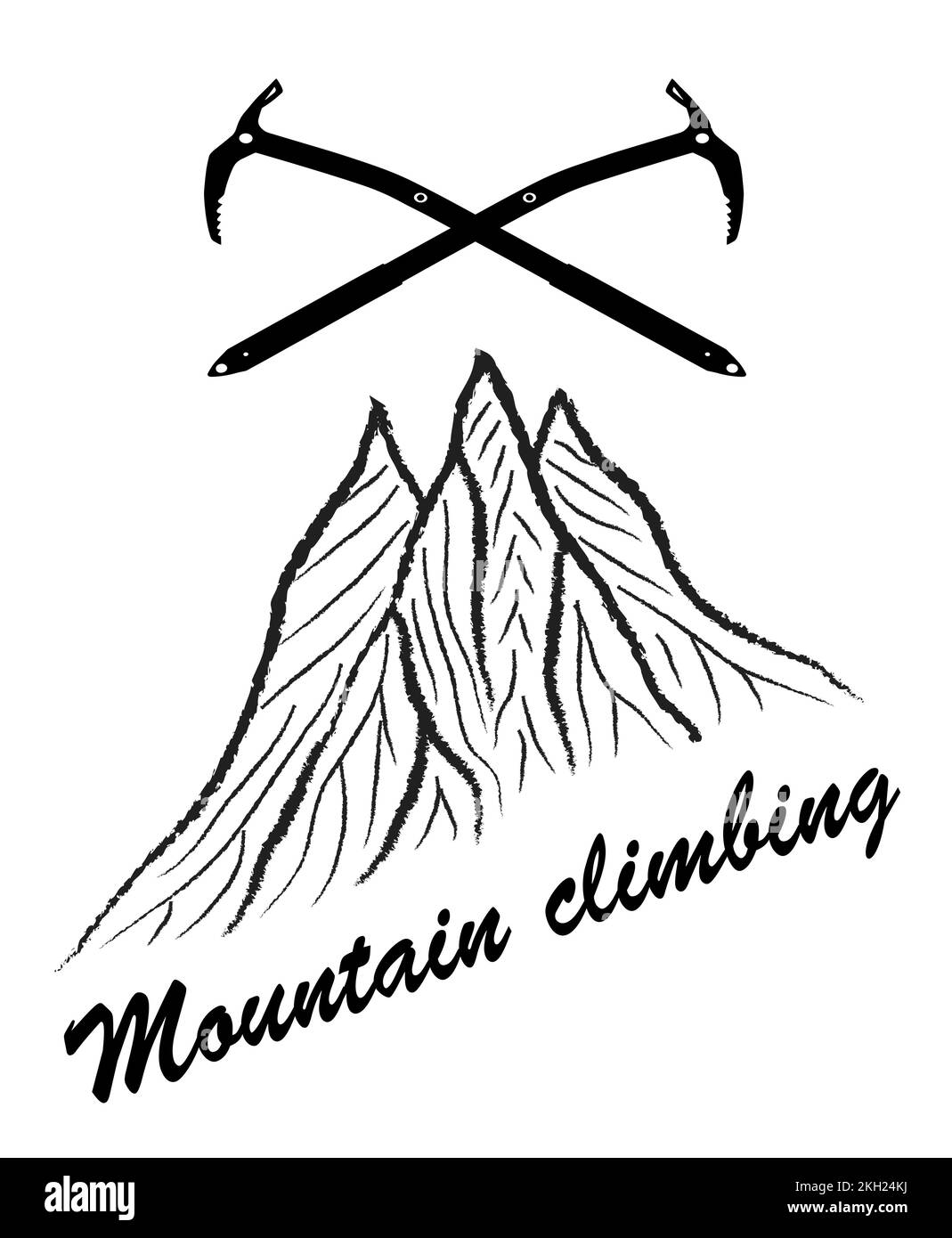 mountains and two ice axes with text Mountain climbing, vector illustration logo, black and white Stock Vector