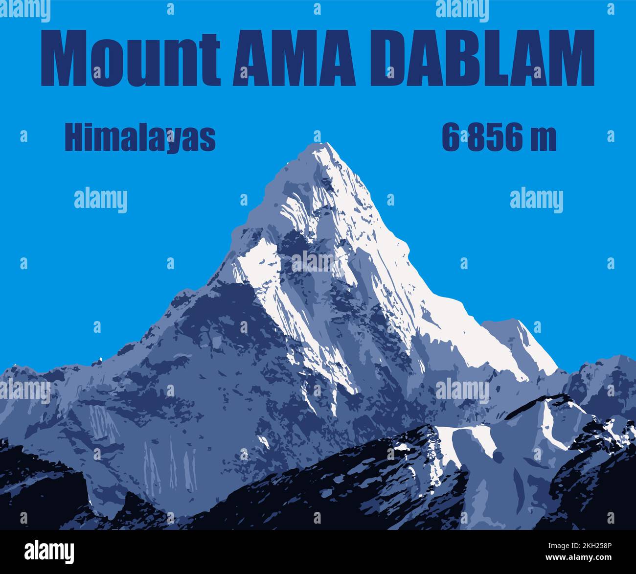 Blue colored vector illustration of mount Ama Dablam on the way to mount Everest base camp, Nepal Himalayas Stock Vector