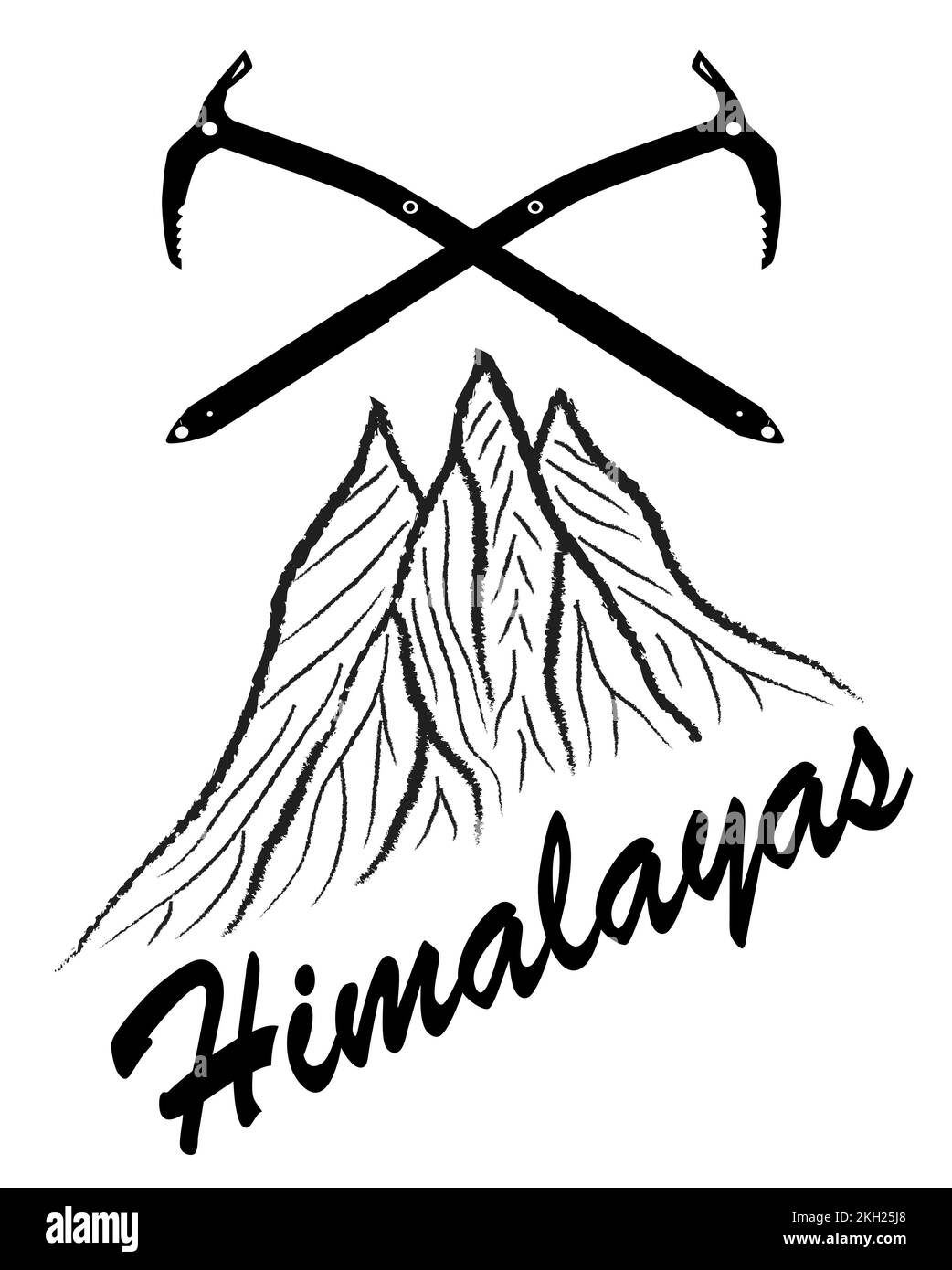 mountains and two ice axes with text Himalayas, vector illustration logo, black and white Stock Vector