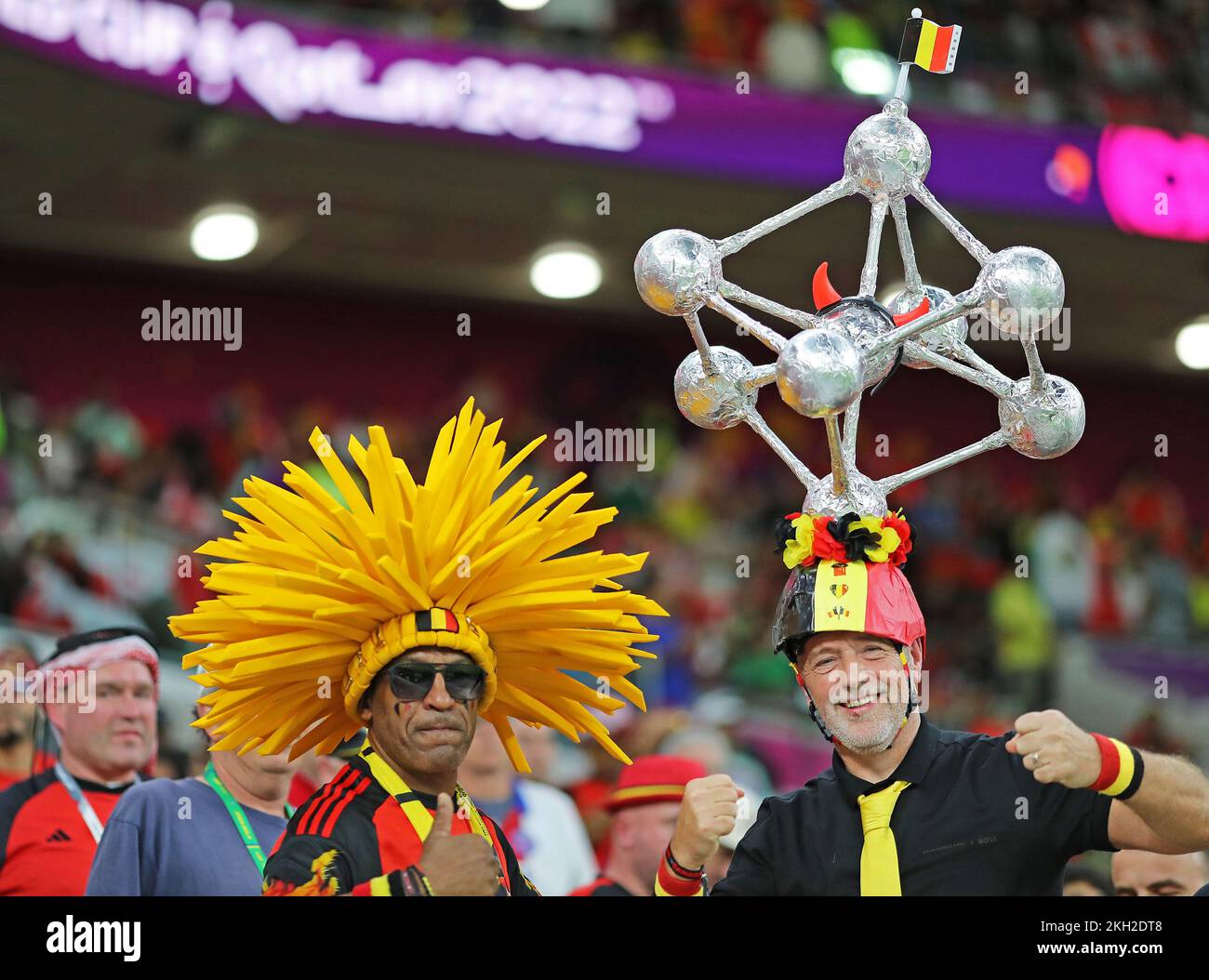 Torcedores da Bélgica during the Qatar 2022 World Cup match, group F, date 1, between Belgium and Canada played at Ahmad Ben Ali Stadium on Nov 23, 2022 in Ar-Rayyan, Qatar. (Photo by PRESSINPHOTO) Stock Photo