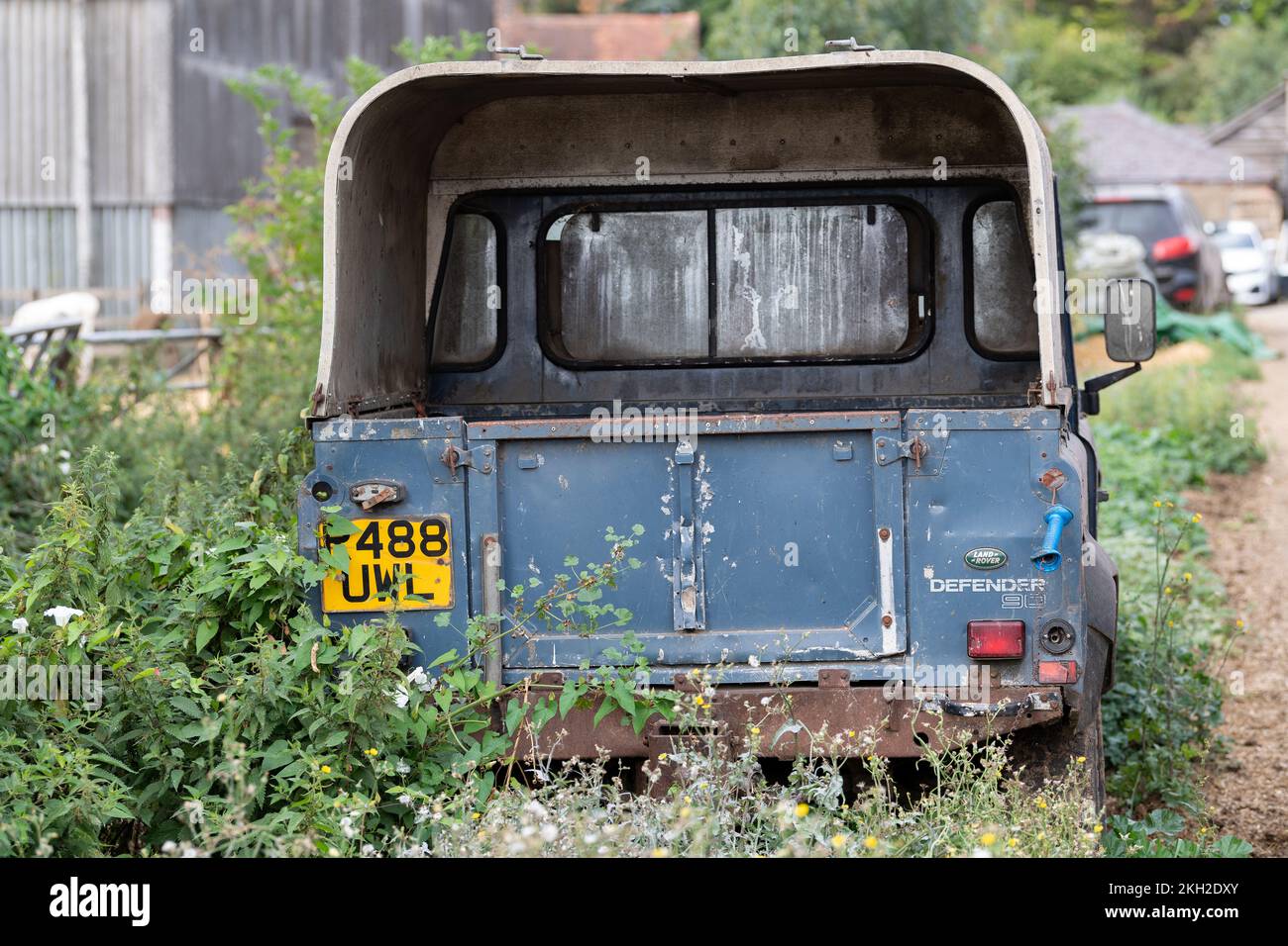 Old Land Rover left on the edge of a farm yard amongst brambles and