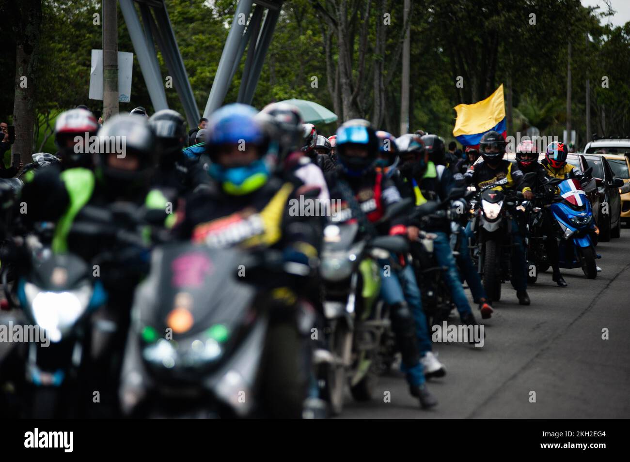 Bikers protest in Bogota, Colombia amid road security and prosecution for use of rideshare apps and road infrastrucutre, on November 23, 2022. Photo by: Chepa Beltran/Long Visual Press Stock Photo