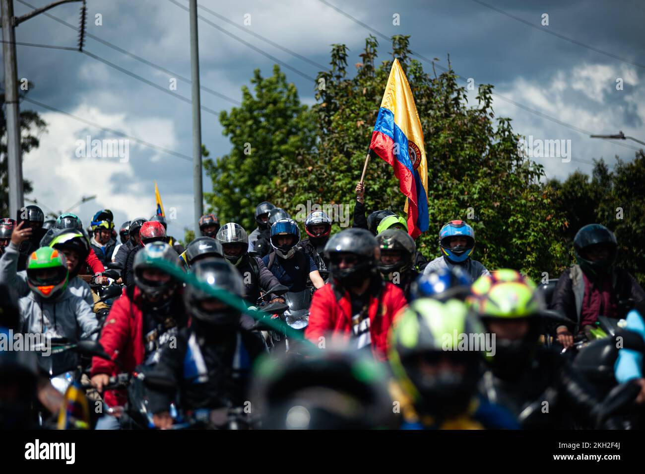 Bikers protest in Bogota, Colombia amid road security and prosecution for use of rideshare apps and road infrastrucutre, on November 23, 2022. Photo by: Chepa Beltran/Long Visual Press Stock Photo