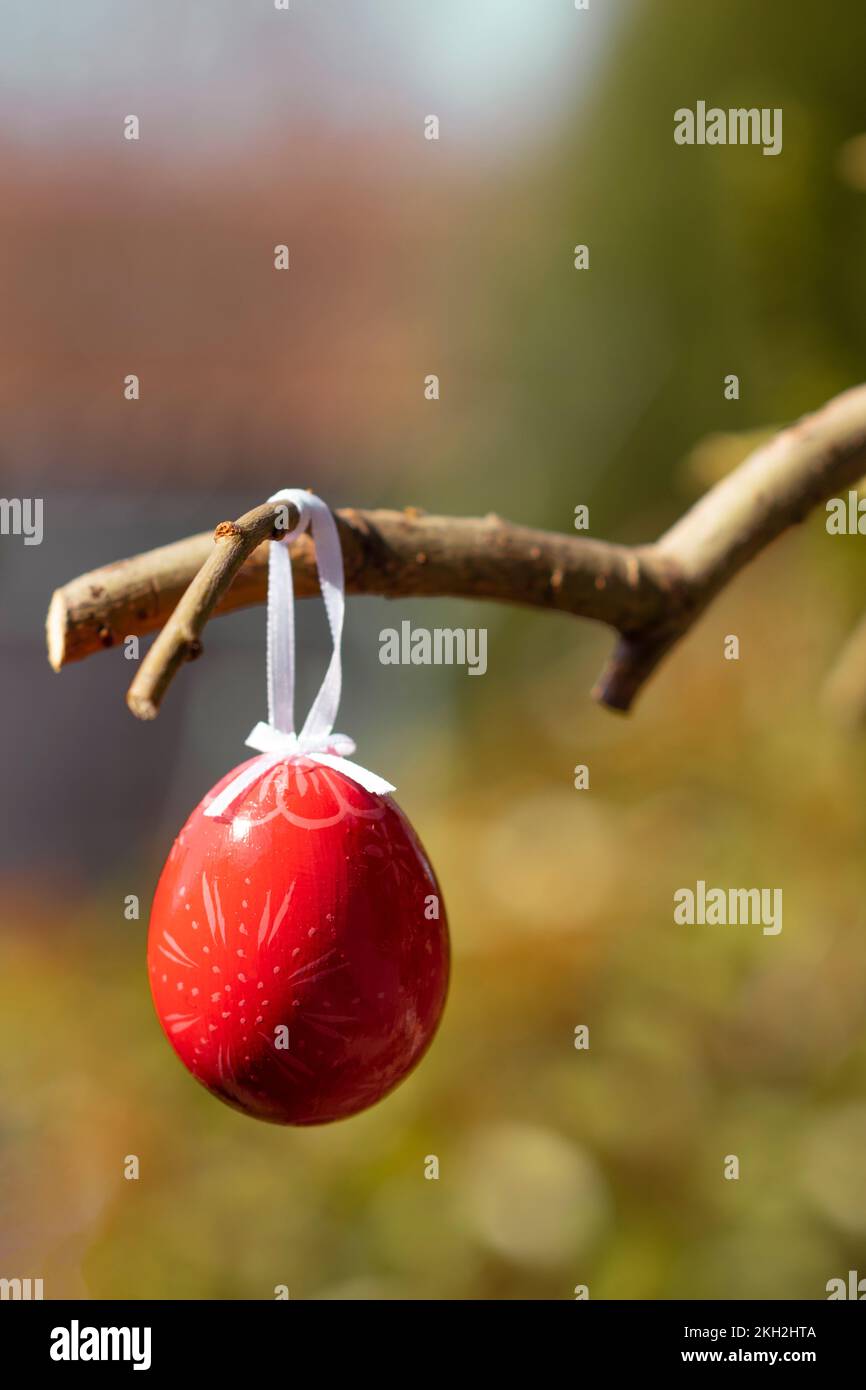 Red and painted easter egg hanging from a branch of a tree, celebrating Easter or Pascha in a traditional way Stock Photo