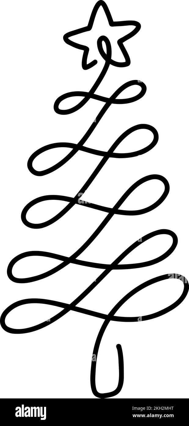 Christmas vector pine fir tree one line art with star. Continuous one ...