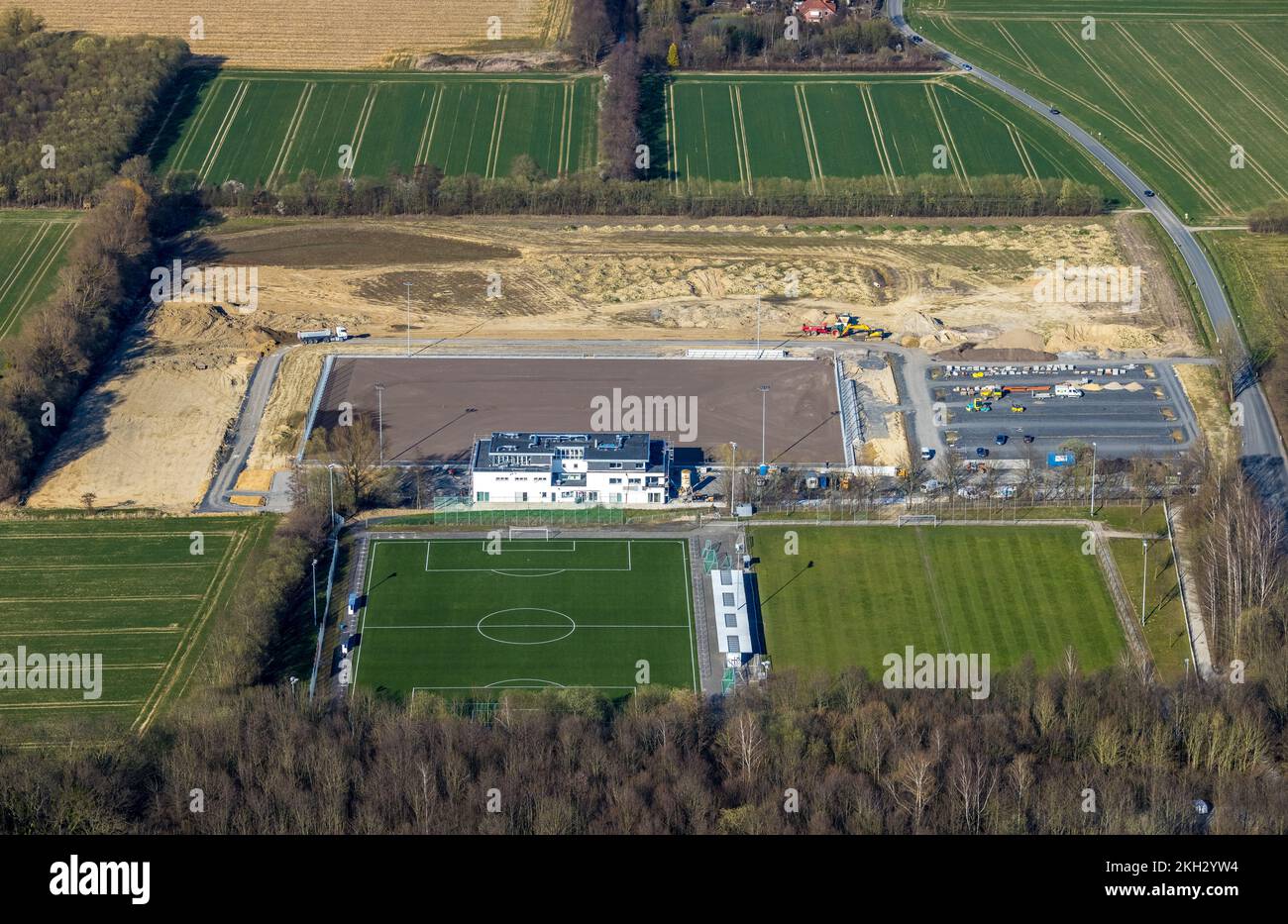Aerial view, construction site and new building sports field with stands and a club building with sports day care center Rabatz Am Berg, An der Lohsch Stock Photo