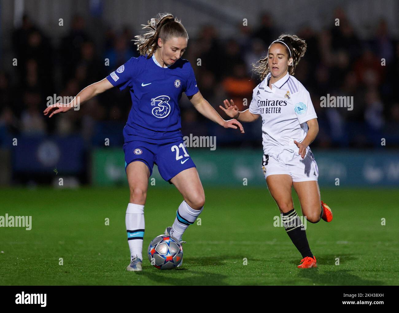 Soccer Football - Women's Champions League - Group A - Chelsea v Real Madrid - Kingsmeadow, London, Britain - November 23, 2022 Chelsea's Niamh Charles in action with Real Madrid's Maite Oroz REUTERS/Andrew Couldridge Stock Photo