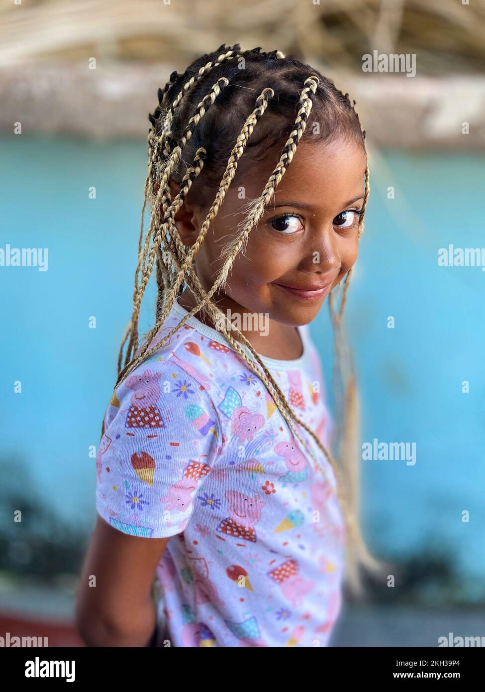 Portrait of a Colombian girl in Santa Cruz del Islote. This artificial hand-made island in the Colombian Caribbean, is considered one of the most densely populated places on earth. It has an average of 1.25 inhabitants per, and 65% of the population is under age. It is the most overcrowded island in the world. Stock Photo