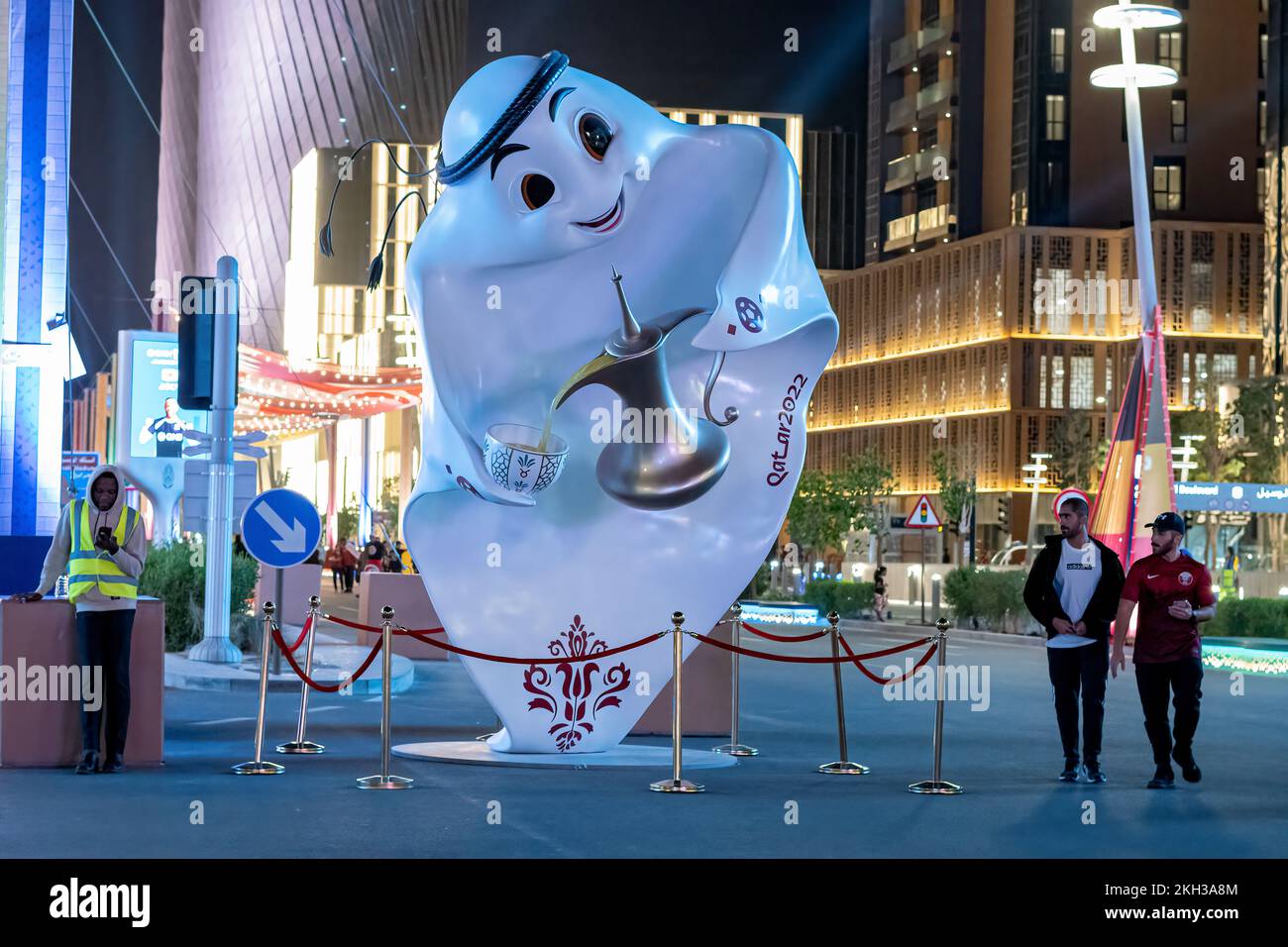 FIFA World Cup 2022 official mascot Laeeb in Lusail Boulevard, Doha Qatar. Stock Photo