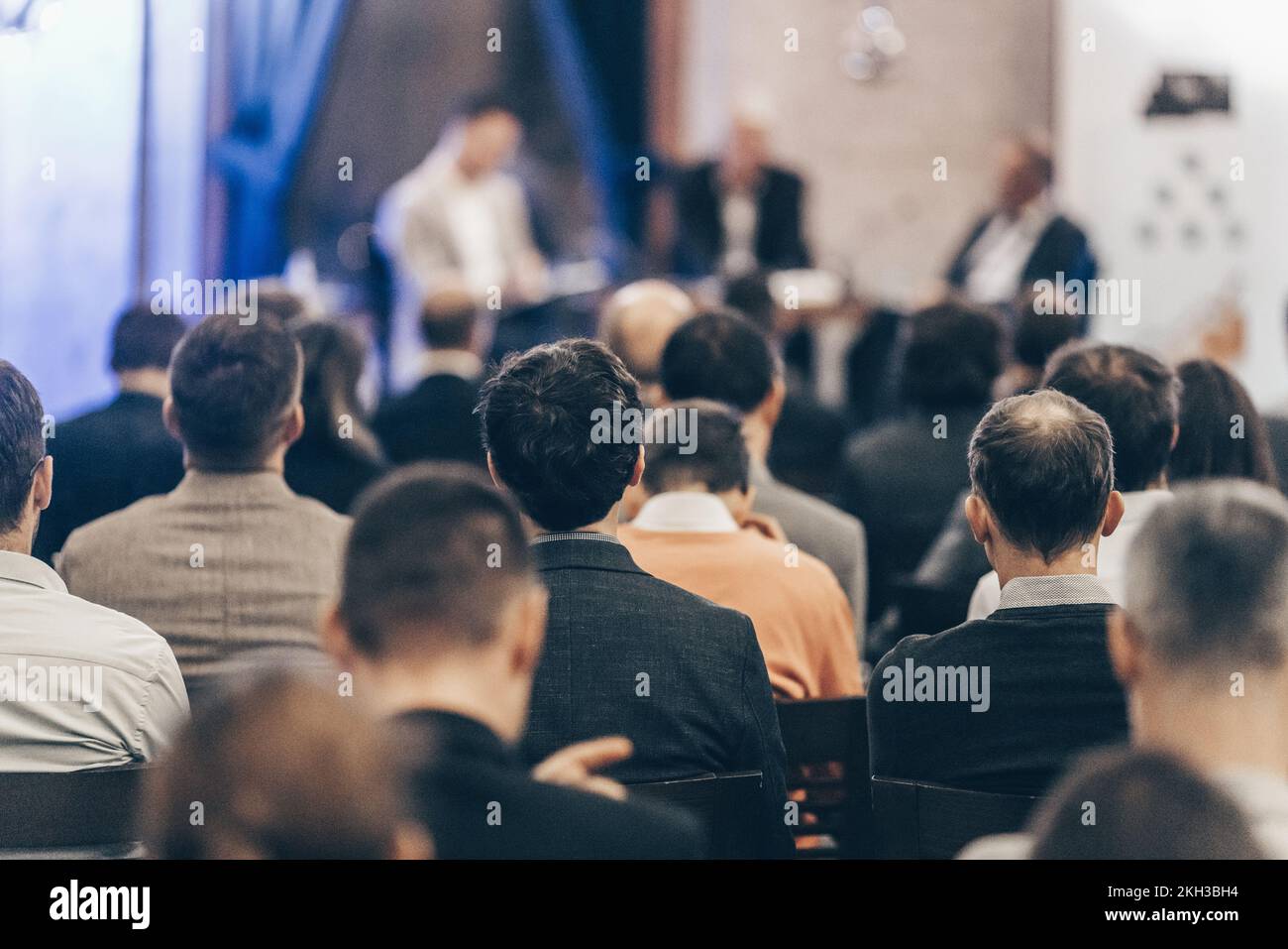 Round table discussion at business convention and Presentation. Audience at the conference hall. Business and entrepreneurship symposium. Stock Photo