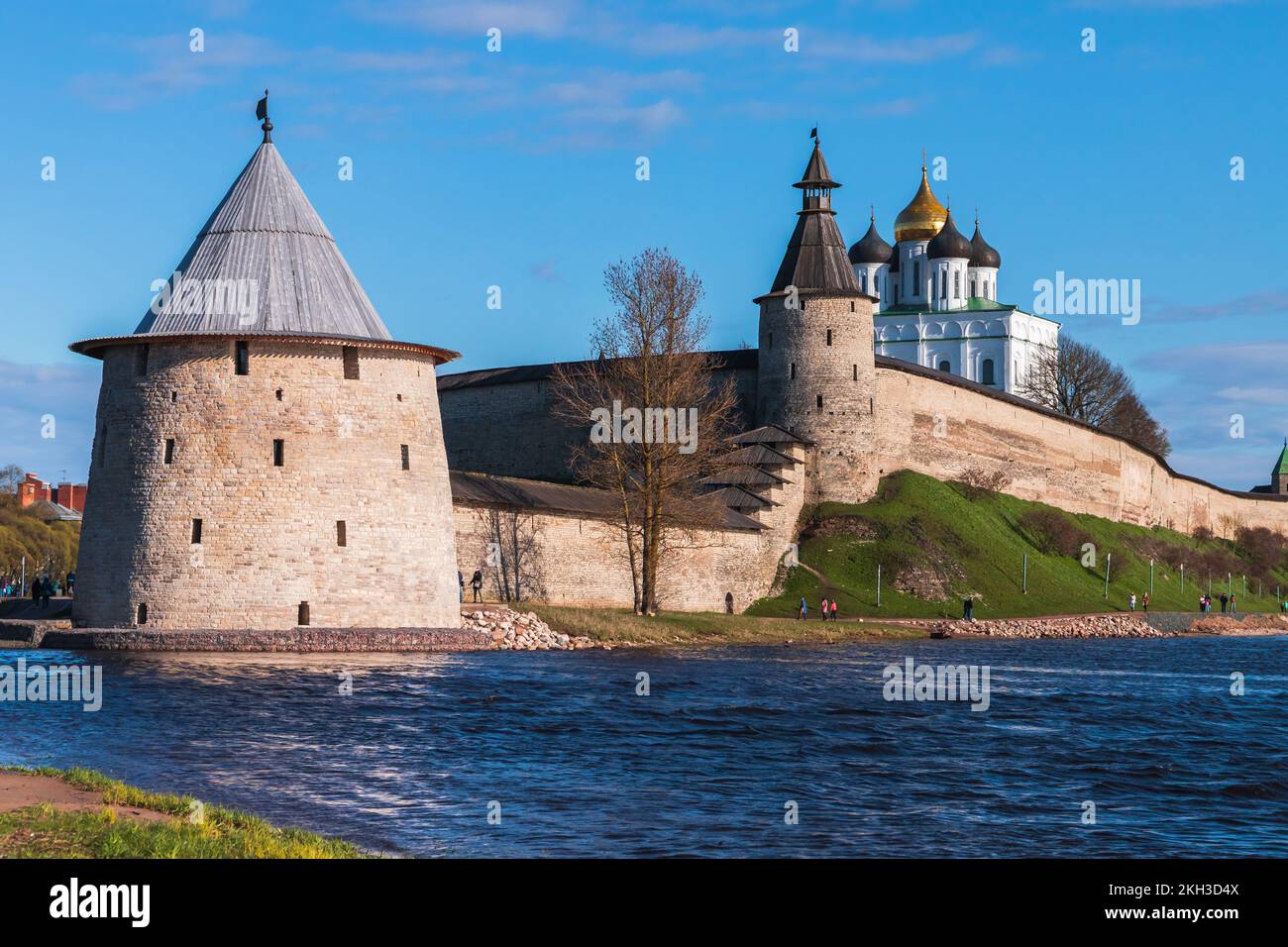 Pskov landscape with Kremlin, ancient coastal fortification in Russia Stock Photo