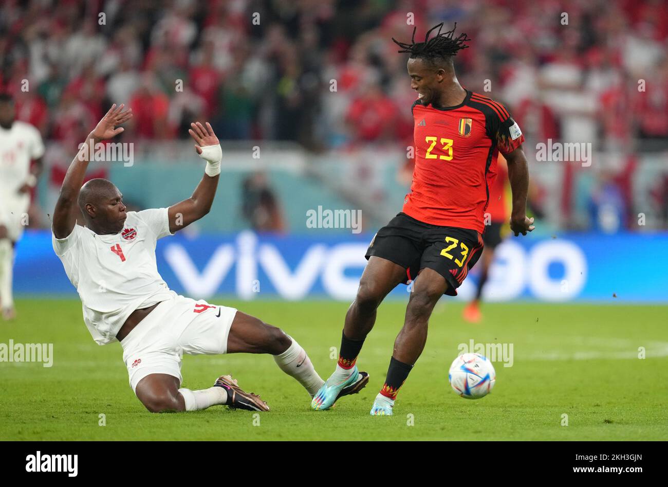 Canada's Kamal Miller (left) and Belgium's Michy Batshuayi battle for the ball during the FIFA World Cup Group F match at the Ahmad bin Ali Stadium, Al Rayyan. Picture date: Wednesday November 23, 2022. Stock Photo