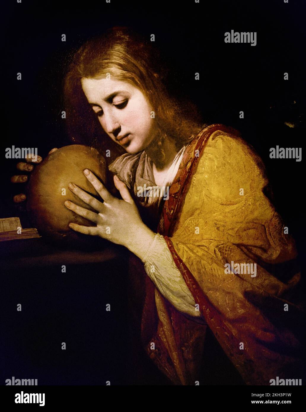 Mary Magdalene circa 1630 Massimo Stanzione (1586-1656)  century, Italy, Italian, Painter, St. Mary Magdalene, disciple of Jesus. According to the Gospel accounts, Jesus cleansed her of seven demons, she financially aided him in Galilee. She was witnesses ,of the Crucifixion and burial of Jesus, and, famously, was the first person to see him after the Resurrection, Stock Photo