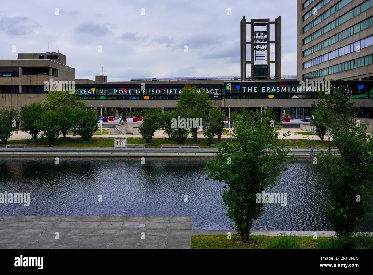 Building in a park with a pond on the campus of Erasmus University in Rotterdam. In 2015, Erasmus University Rotterdam was ranked 20th in Europe and 7 Stock Photo