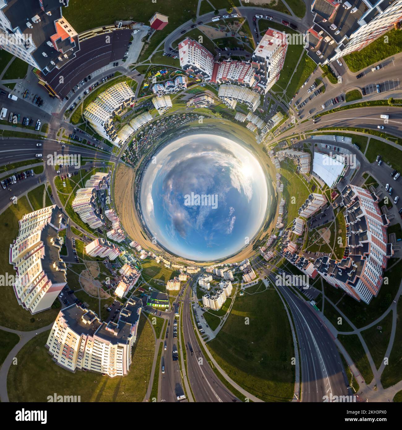 blue sphere inside overlooking old town, urban development, historic ...
