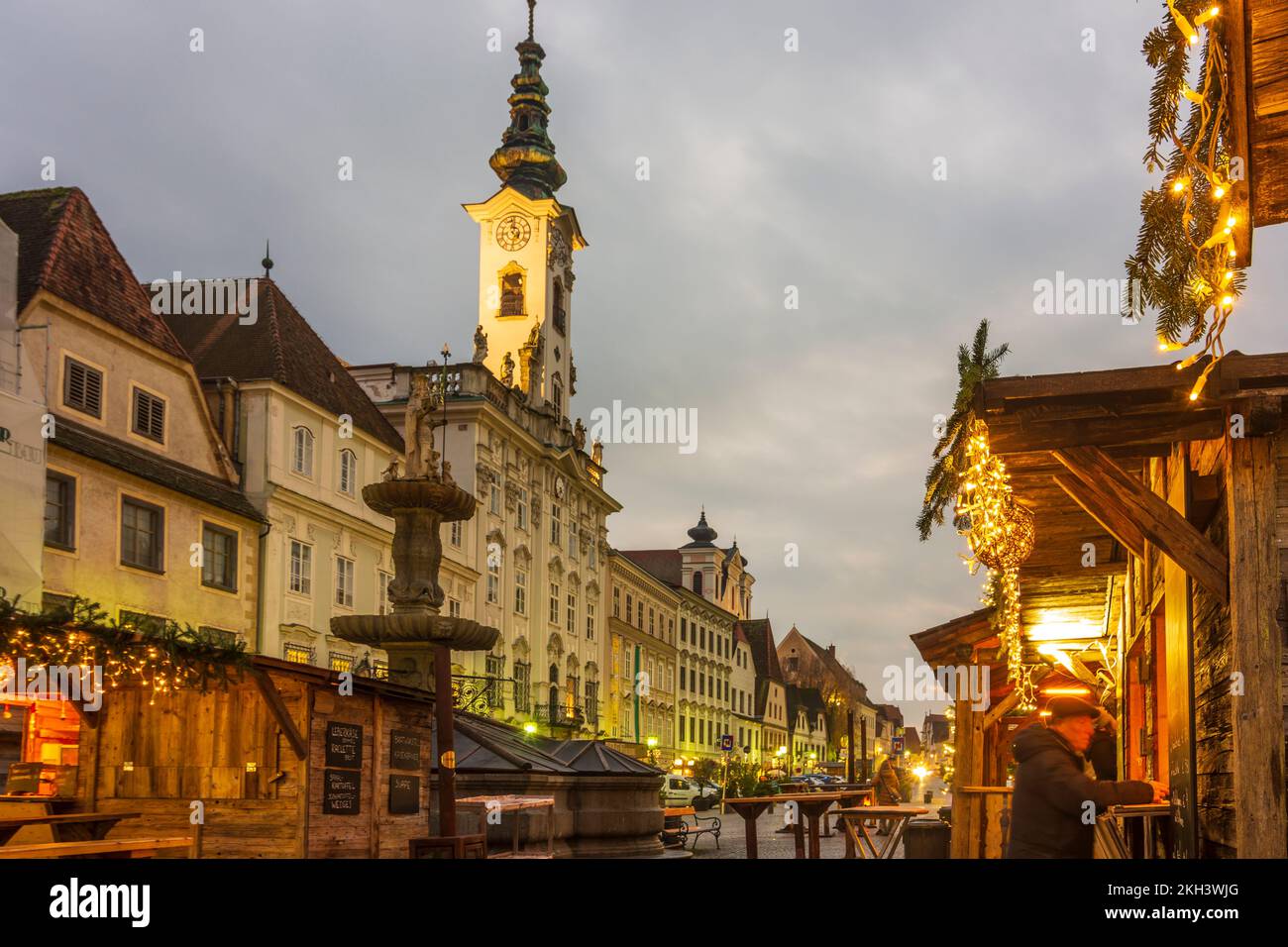 Steyr Christmas market Christkindlmarkt at square Stadtplatz, Town