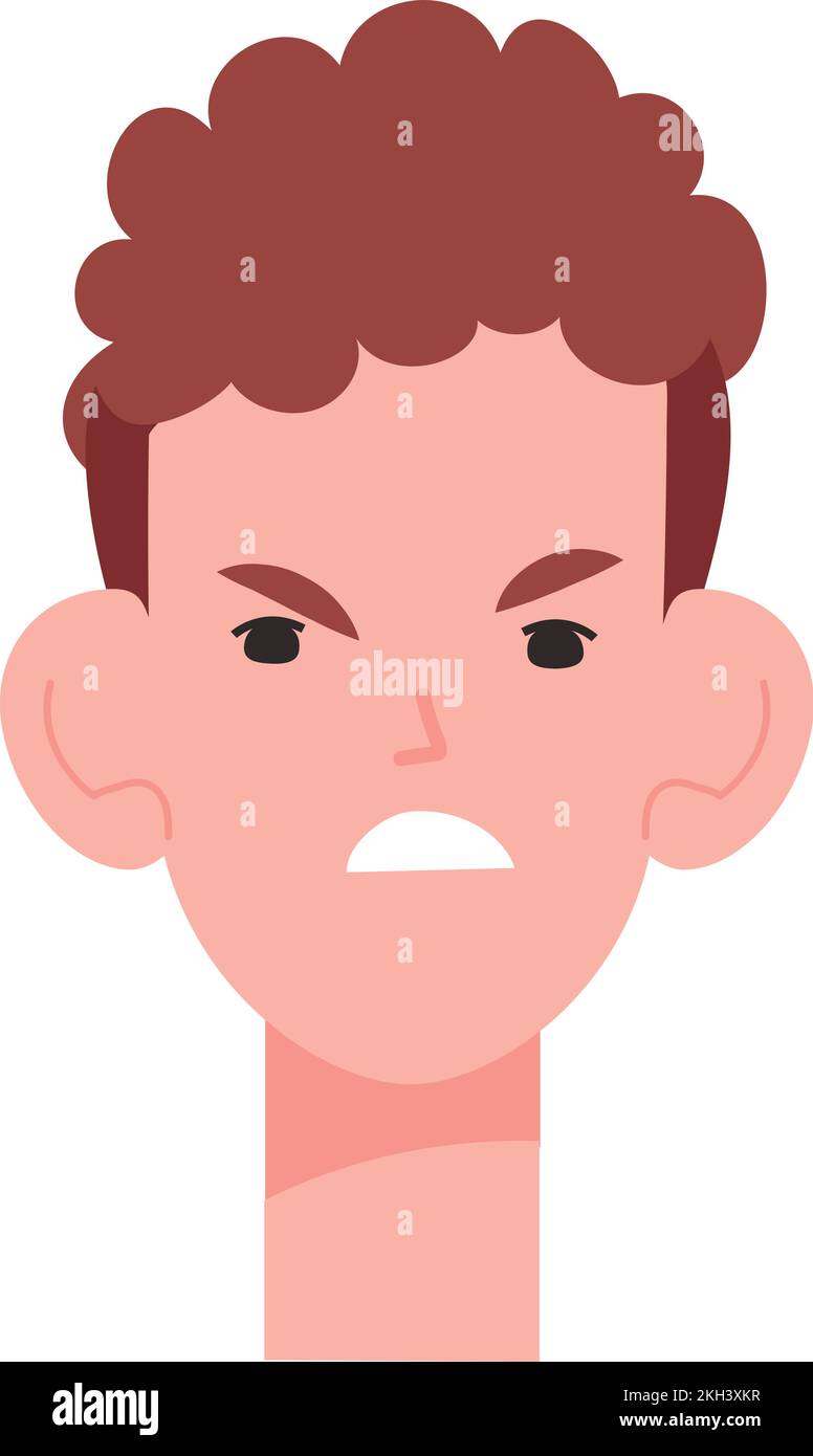 Angry young man face. Rage emotion expression isolated on white
